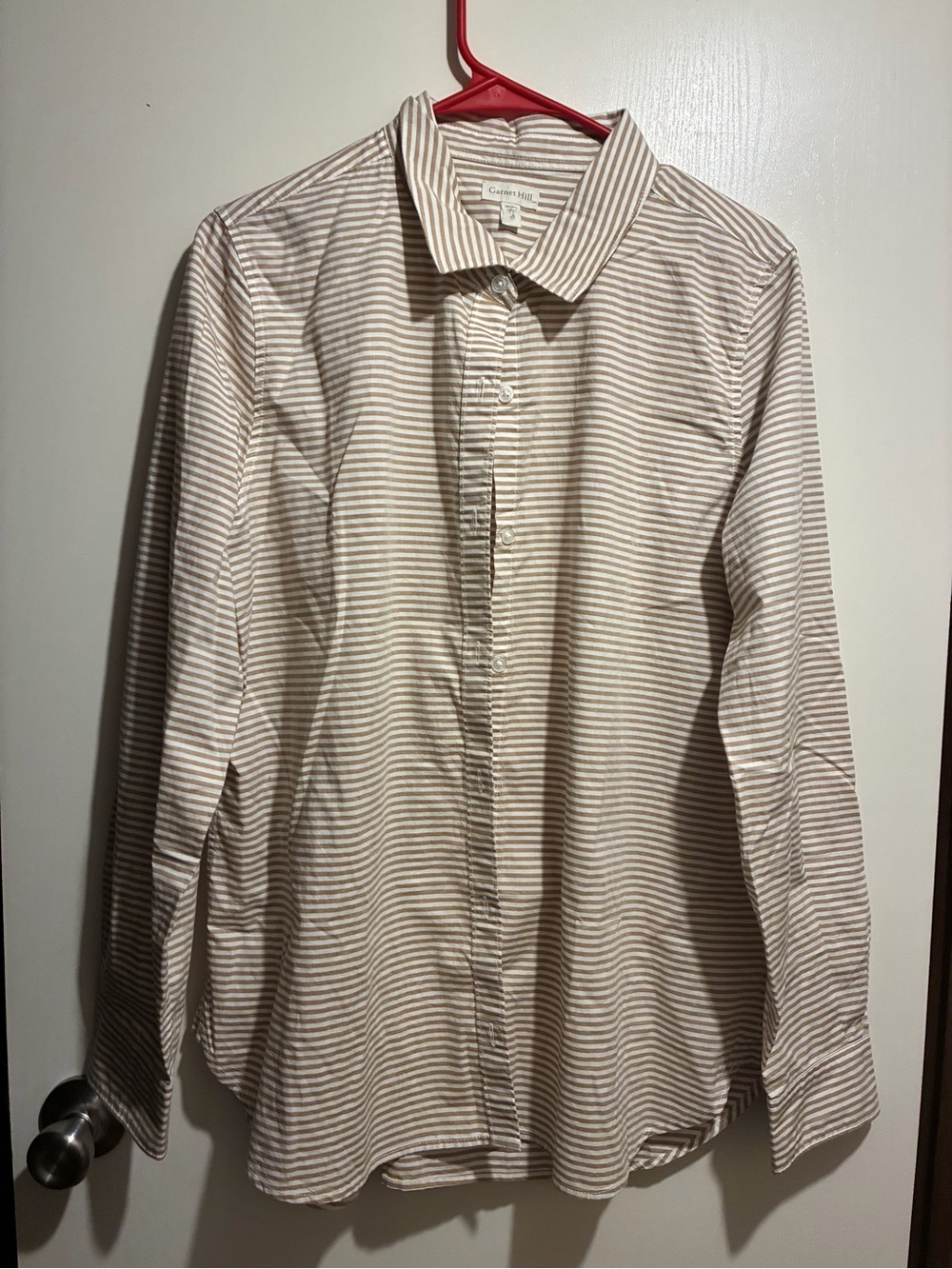 Garnet Hill Beige and White Striped Button-Down Shirt